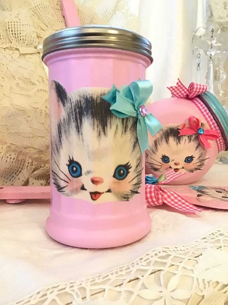 Vintage Atomic Pink Kitty Shaker-burk: Retro köksinredning bild 8