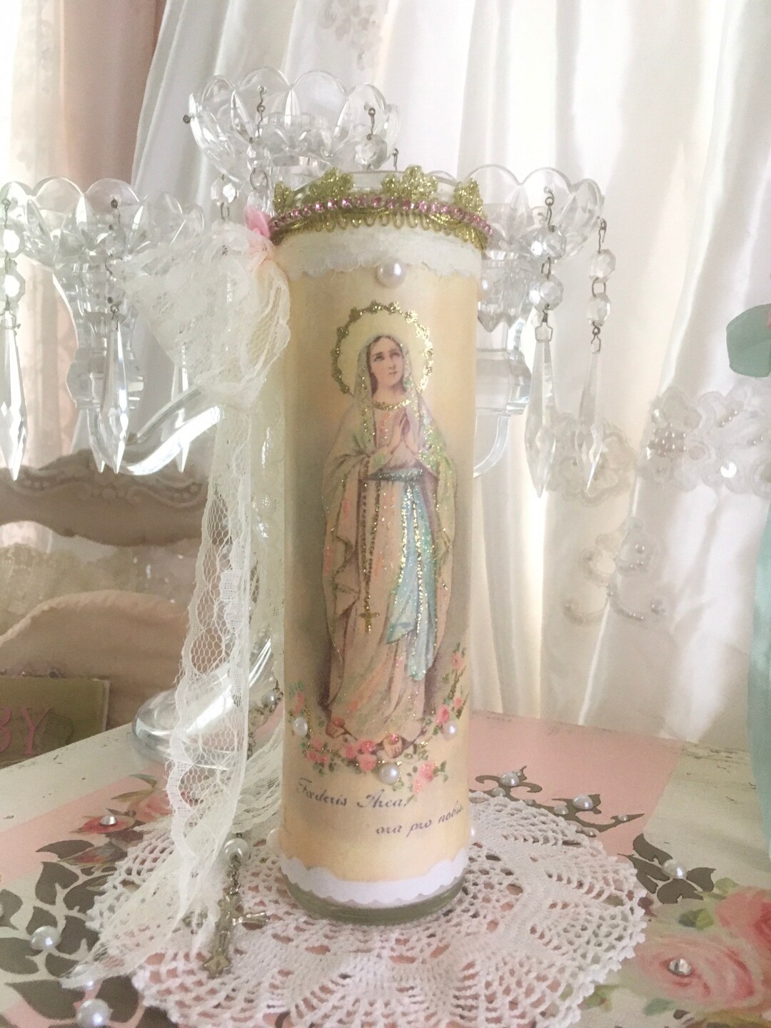 Shabby Vintage Virgin Mary, Prayer Candle, Madonna, Pink Religious ...