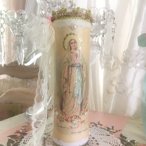 Shabby Virgin Mary Prayer Candle Madonna Religious Candle Etsy
