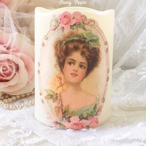 Shabby Flameless Bougies avec Victorian Lady Pink Roses Cire LeD Bougies Automne Décor Shabby Cottage Chic Éclairage romantique Fanny Pippin