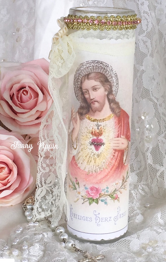 Sacred Heart Jesus Candle, Shabby Chic Altar, French Decoupage