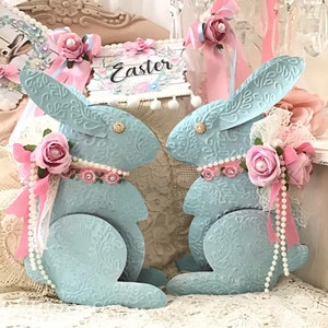 Shabby Easter Bunny, Pink Rose Decor, Vintage Blue Tin Bunny Rabbit, Shabby Pink Roses, Pink Easter Decor, Shabby Cottage Chic, Fanny Pippin image 1