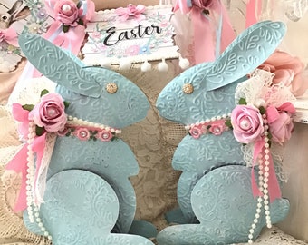 Shabby Easter Bunny, Pink Rose Decor, Vintage Blue Tin Bunny Rabbit, Shabby Pink Roses, Pink Easter Decor, Shabby Cottage Chic, Fanny Pippin