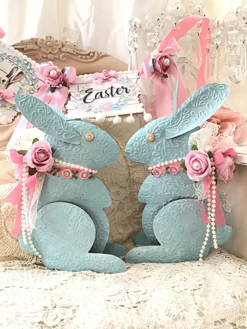 Shabby Easter Bunny, Pink Rose Decor, Vintage Blue Tin Bunny Rabbit, Shabby Pink Roses, Pink Easter Decor, Shabby Cottage Chic, Fanny Pippin image 1