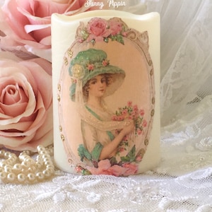 Shabby Cottage Flameless Candle, Victorian Lady Decor, Shabby Pink Roses, Wax LED Candle, Shabby Cottage Chic, Romantic boudoir