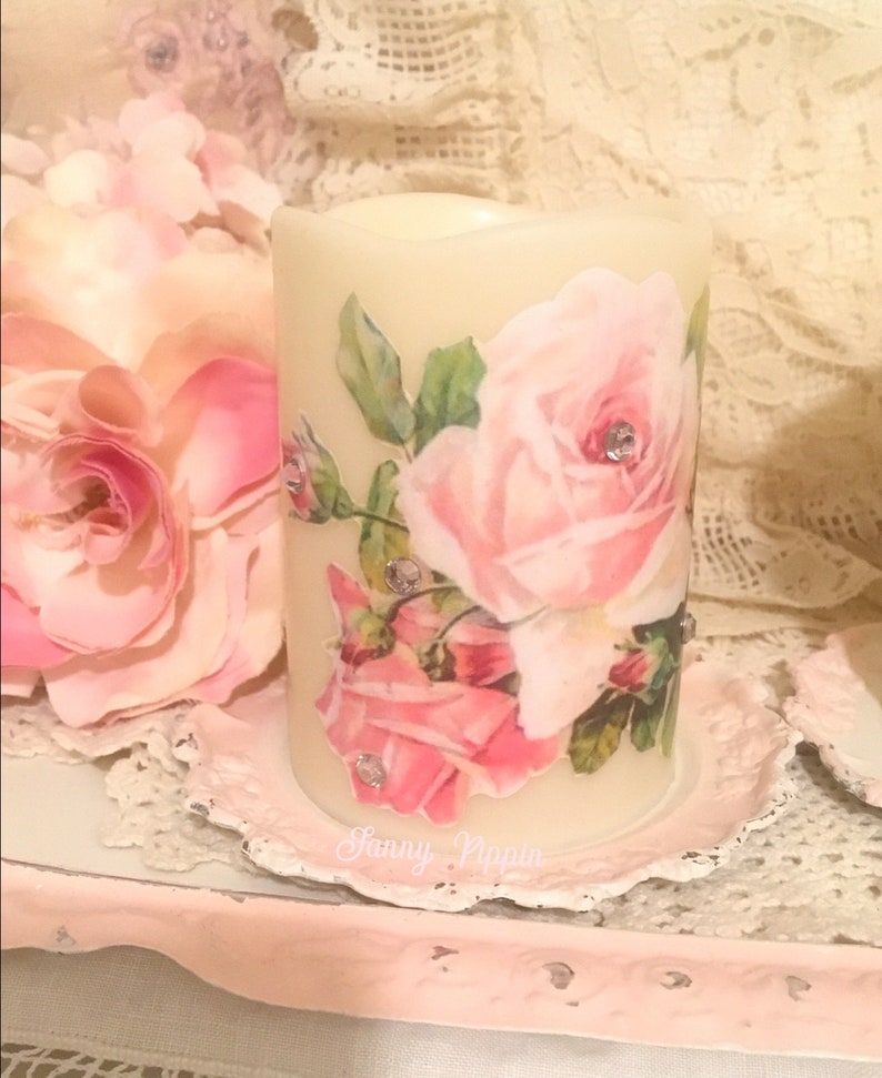 Shabby Chic Flameless Candle Set: Pink Rose Decoupage, Timer Candles - Etsy