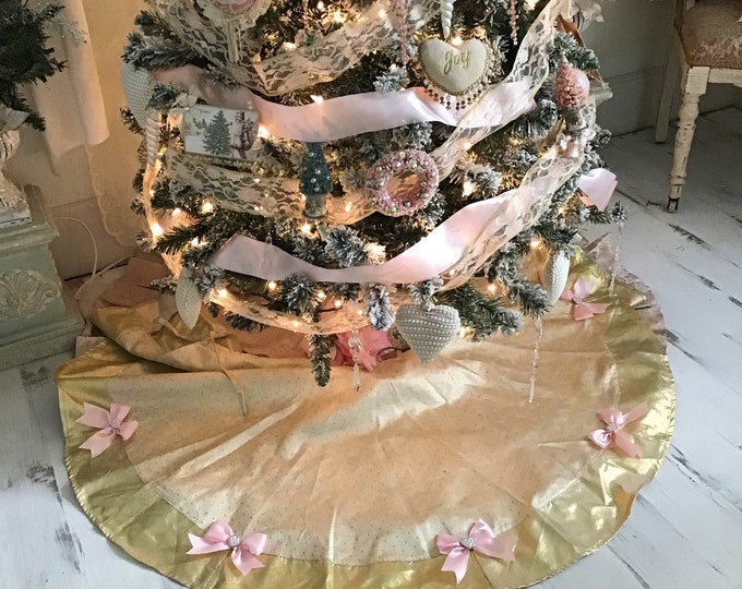 Shabby Christmas Tree Skirt, Gold and Pink Christmas Tree Skirt