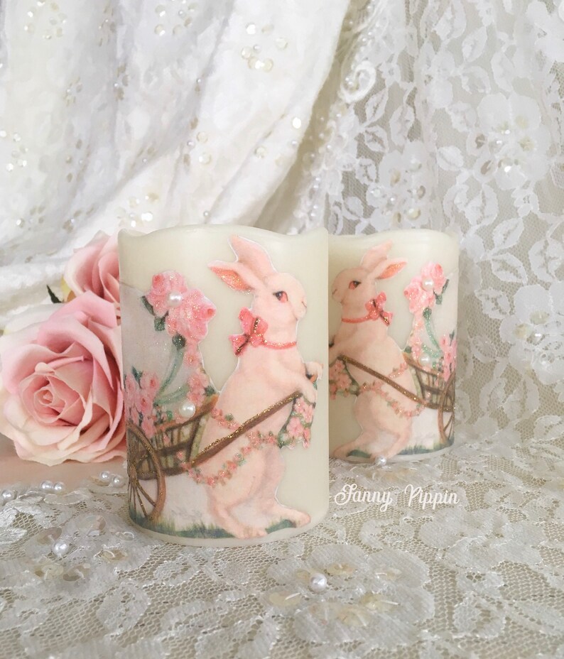 Shabby Easter Bunny Candle Flameless Candles With Victorian Etsy