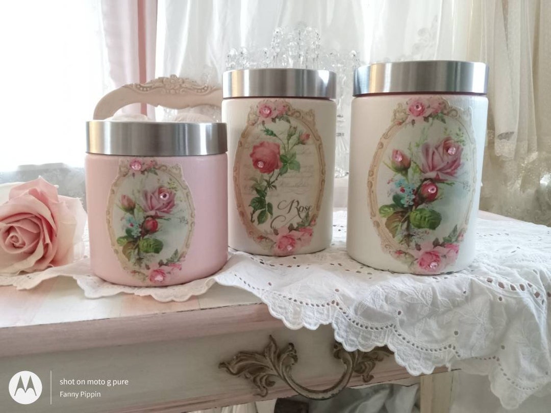 Shabby Chic Canister Jar Set: Vintage Pink Rose Decor, Cottage Style - Etsy
