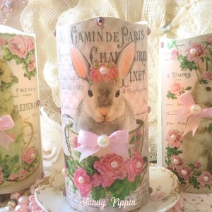 Shabby Pink Bunny Easter Teacup flameless candle, Pink Roses, Battery operated candle, LED Candle, shabby cottage chic, Fanny Pippin