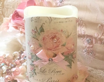 Shabby Pink Rose Flameless Candle LED Candle French Pink Rose Gift Decor Shabby Cottage Chic Romantic Lighting Fanny Pippin