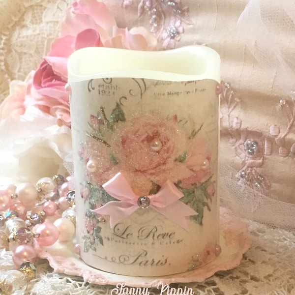 Bougie sans flamme rose rose minable, bougie de cire, déco rose minable, cottage chic minable, éclairage romantique, Fanny Pippin