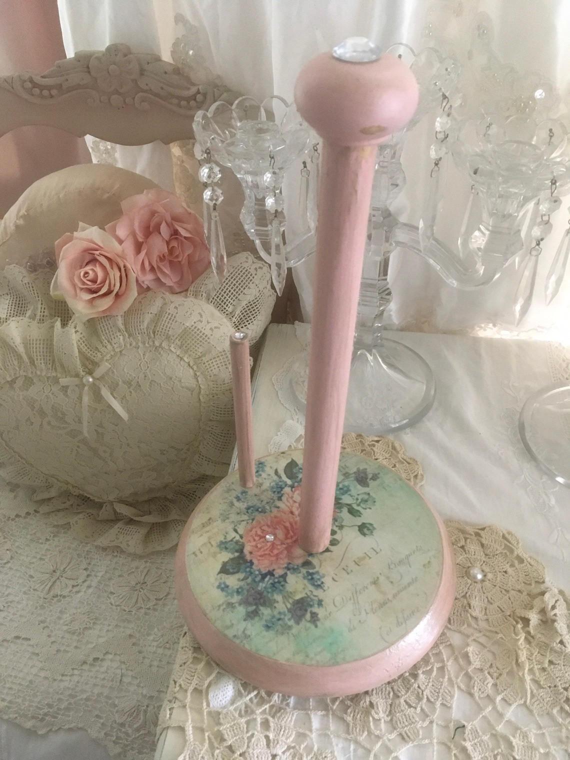 Shabby Pink Standing Paper Towel Holder Pink Roses Chippy Etsy