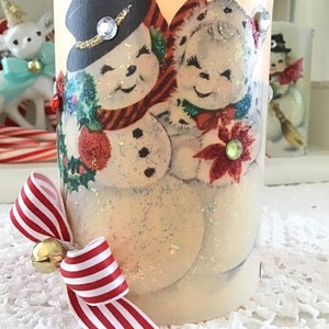 Vintage Christmas Snowman, Flameless Candle, Retro Christmas Candle, Kitsch, Battery candle, Farmhouse Christmas, cottage chic, Fanny Pippin
