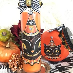 Halloween Black Cat, Orange Wax Candle, Vintage Halloween Folk Art Decor, Kitschy Cat Black Cat with Hat, Halloween Gift, Fanny Pippin