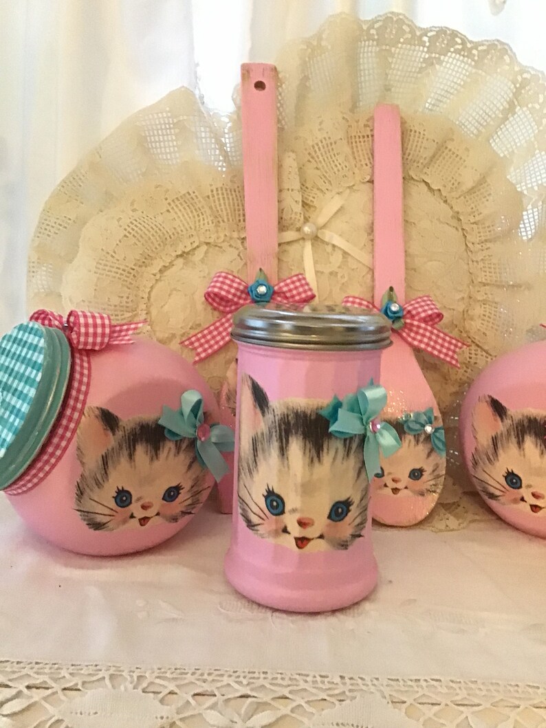 Vintage Atomic Pink Kitty Shaker-burk: Retro köksinredning bild 7