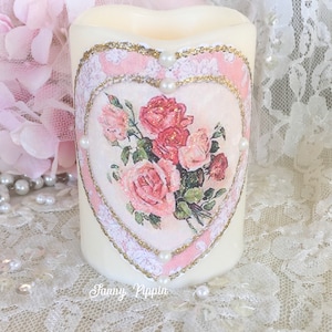 Shabby Pink Valentine’s Day Candle, Flameless Candles with Victorian Pink Roses, Wax LED Candles, Pink Rose Decor, Shabby Cottage Chic