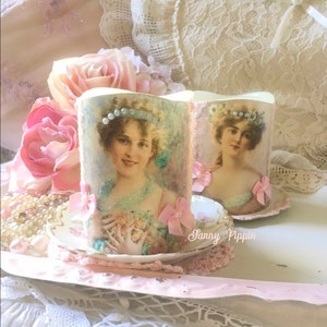 Bougie victorienne sans flamme, roses roses minables, bougie vacillante LED en cire, chalet shabby chic, Fanny Pippin