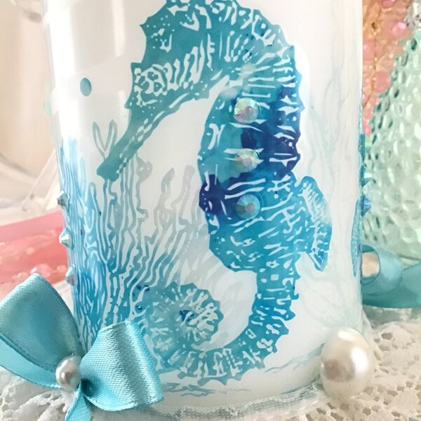 Seahorse Flameless Candle, Nautical Decor, Coastal Decor, Shabby beach Cottage decor LED flickering Candle, Fanny Pippin