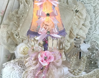 Shabby Pink Floral Candlestick Lamp, Cottage Chic Nightlight, Handmade Lace Shade