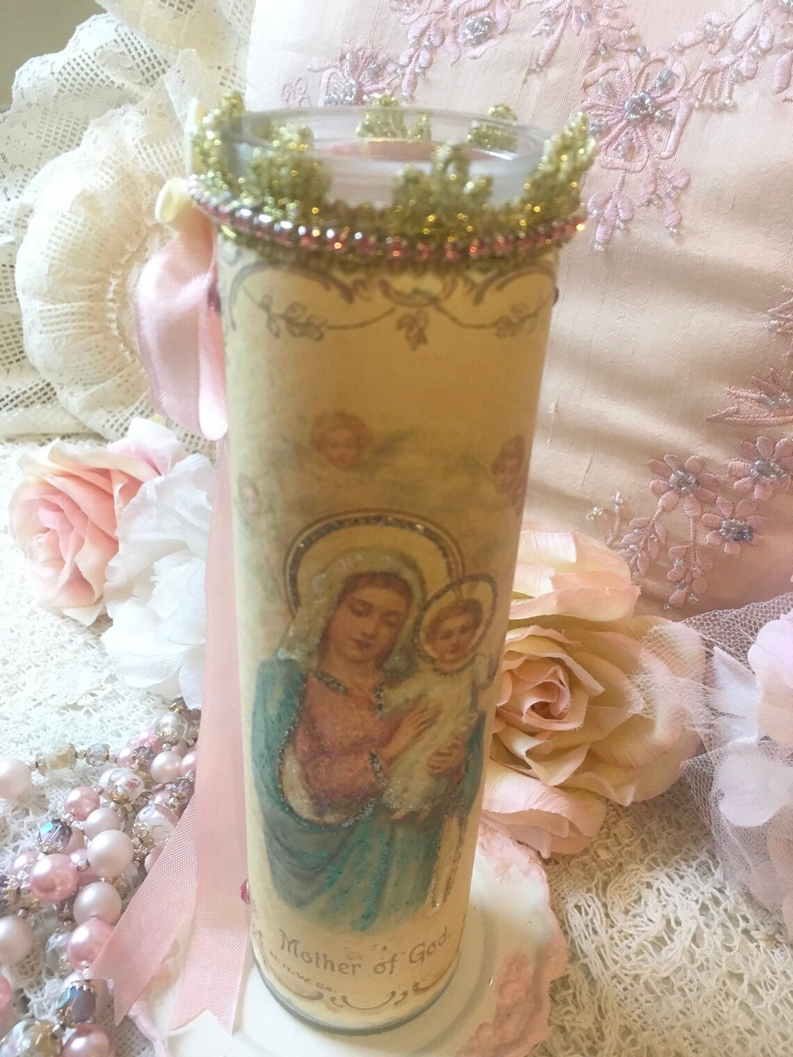 Virgin Mary Prayer Candle Mother of God Madonna Shabby Etsy