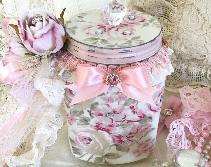 Shabby Chic Jar Pink Roses Vintage Vanity Storage Pink Floral Jar Decor ...