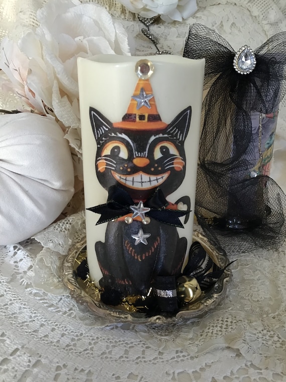 Vintage Halloween Black Cat Flameless Candle: Folk Art Decor - Etsy