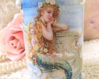 Shabby Mermaid Flameless Candle, Little mermaid, Nautical Decor, Seaside Decor, Shabby cottage chic, Vintage Beach house decor, Fanny Pippin