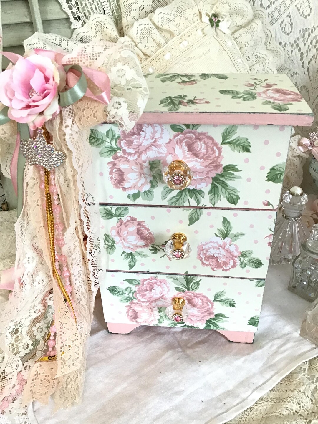 Shabby Chic Floral Jewelry Box, Pink Roses, Keepsake Storage, Cottage ...