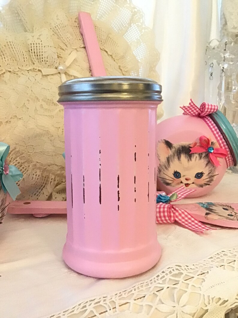 Vintage Atomic Pink Kitty Shaker-burk: Retro köksinredning bild 5