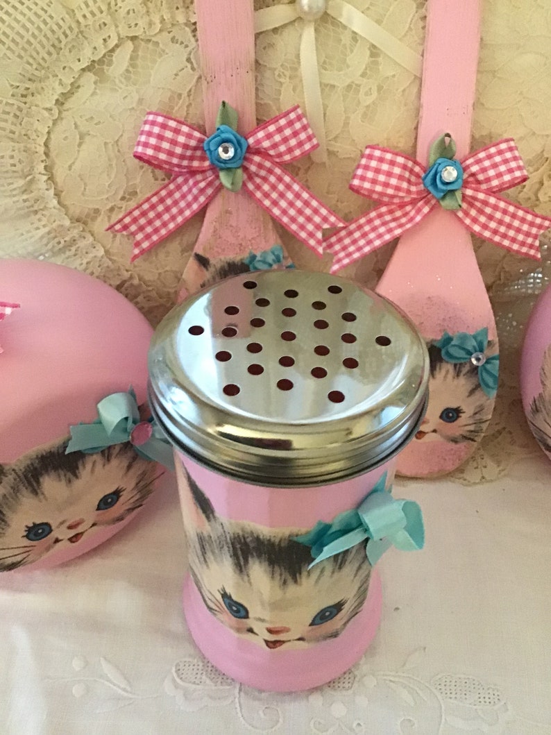 Vintage Atomic Pink Kitty Shaker-burk: Retro köksinredning bild 3