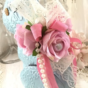 Shabby Easter Bunny, Pink Rose Decor, Vintage Blue Tin Bunny Rabbit, Shabby Pink Roses, Pink Easter Decor, Shabby Cottage Chic, Fanny Pippin image 6