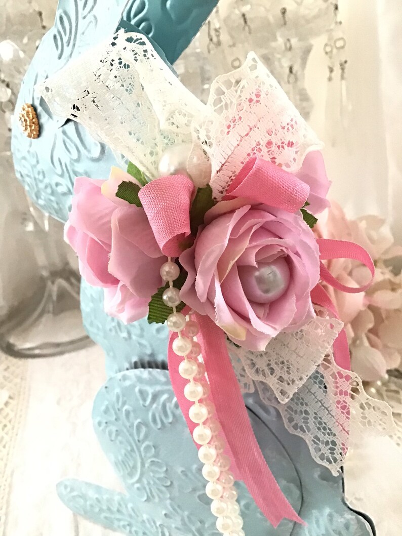 Shabby Easter Bunny, Pink Rose Decor, Vintage Blue Tin Bunny Rabbit, Shabby Pink Roses, Pink Easter Decor, Shabby Cottage Chic, Fanny Pippin image 6