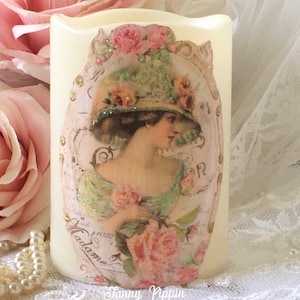 Shabby Flameless Candle, Victorian Lady Decor, Shabby Pink Roses, Wax LED Flickering Candle, Shabby Cottage Chic, Fanny Pippin