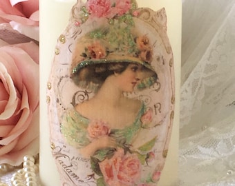 Candela senza fiamma shabby, decorazione da donna vittoriana, rose rosa shabby, candela LED tremolante in cera, shabby cottage chic, Fanny Pippin