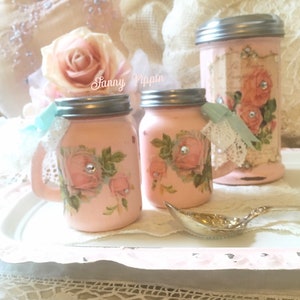 Pink Shabby Salt & Pepper Shaker set, Pink Roses, Vintage pink kitchen, shabby pink kitchen, shabby cottage chic, vintage decor