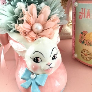 Vintage Easter Bottlebrush Decor, Vintage Kitschy Bunny, Retro Easter Planter Decor, Retro Pink Easter, Shabby Cottage chic, Fanny Pippin