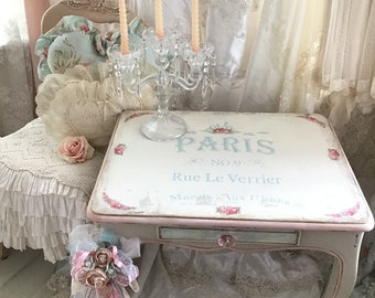 Shabby French Table, Vintage Painted Table, Paris Decor, French Farmhouse, chippy distressed paint, pink roses, cottage chic, Fanny Pippin