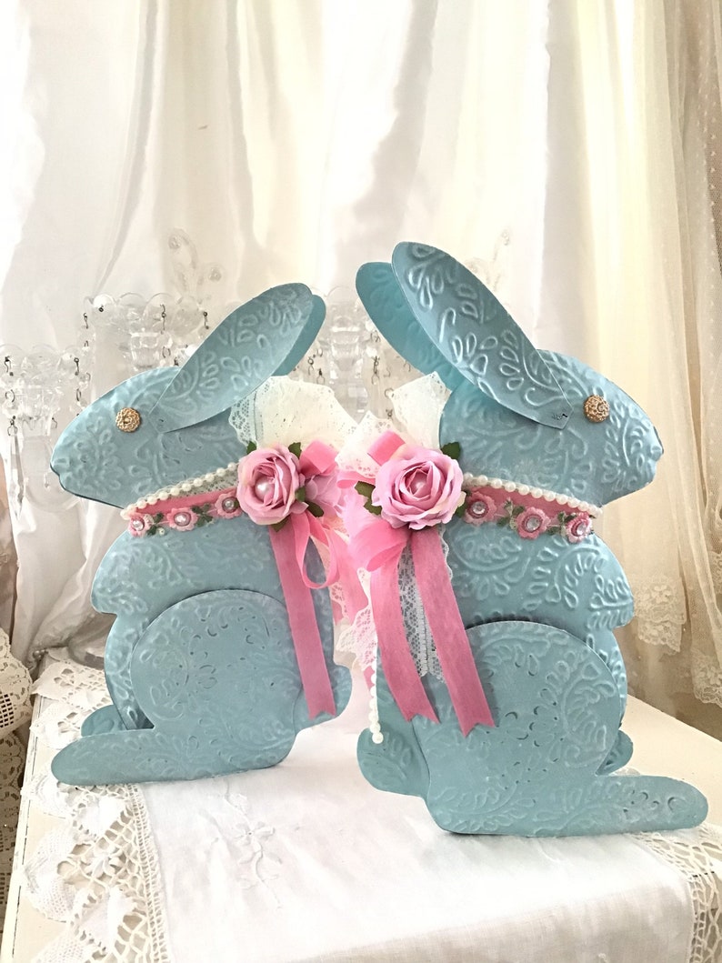 Shabby Easter Bunny, Pink Rose Decor, Vintage Blue Tin Bunny Rabbit, Shabby Pink Roses, Pink Easter Decor, Shabby Cottage Chic, Fanny Pippin image 9