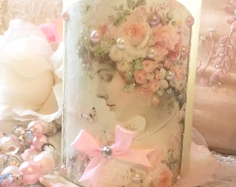 Shabby Pink Rose Flameless Candle, ivory Wax Candle, Shabby Pink Decor, Shabby Cottage Chic, Romantic Lighting, Fanny Pippin