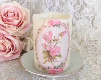 One Shabby Chic CREAMY White 5.5 PILLAR Candle Hand Painted Pink Roses ...