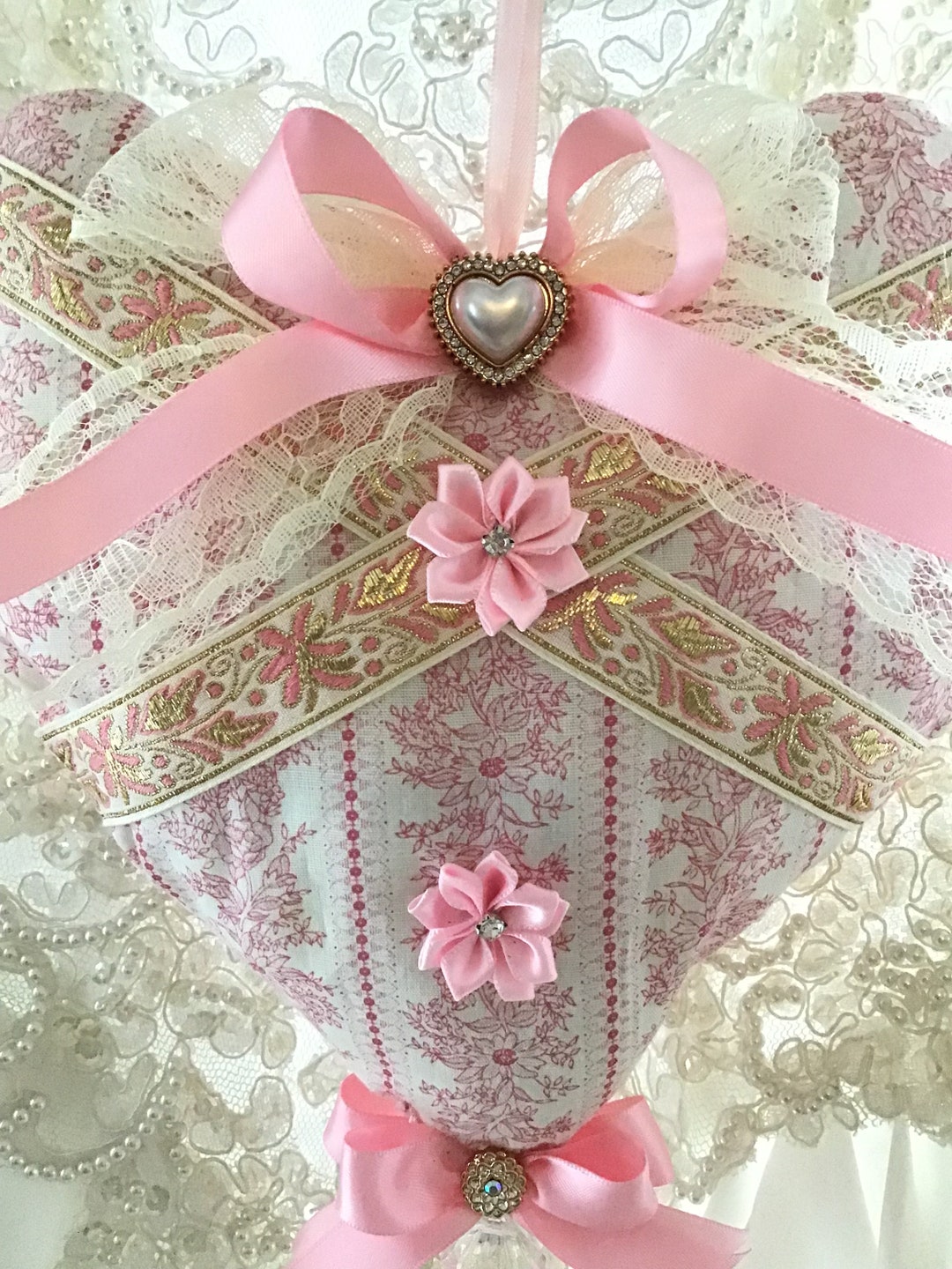 Valentines Day Pink Heart Pillow, Shabby Victorian Valentine Decor