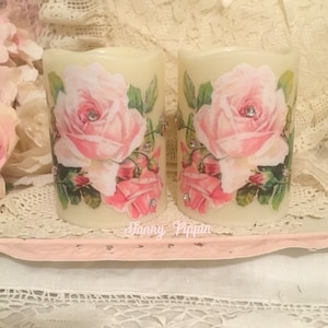 Shabby Pink Rose Flameless Candle, Victorian Roses, Timer candle, shabby cottage chic, Romantic Home Decor, Fanny Pippin