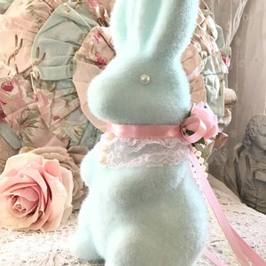 Shabby Easter Bunny, Flocked Bunny, Pink Rose Decor, Rabbit Statue ...
