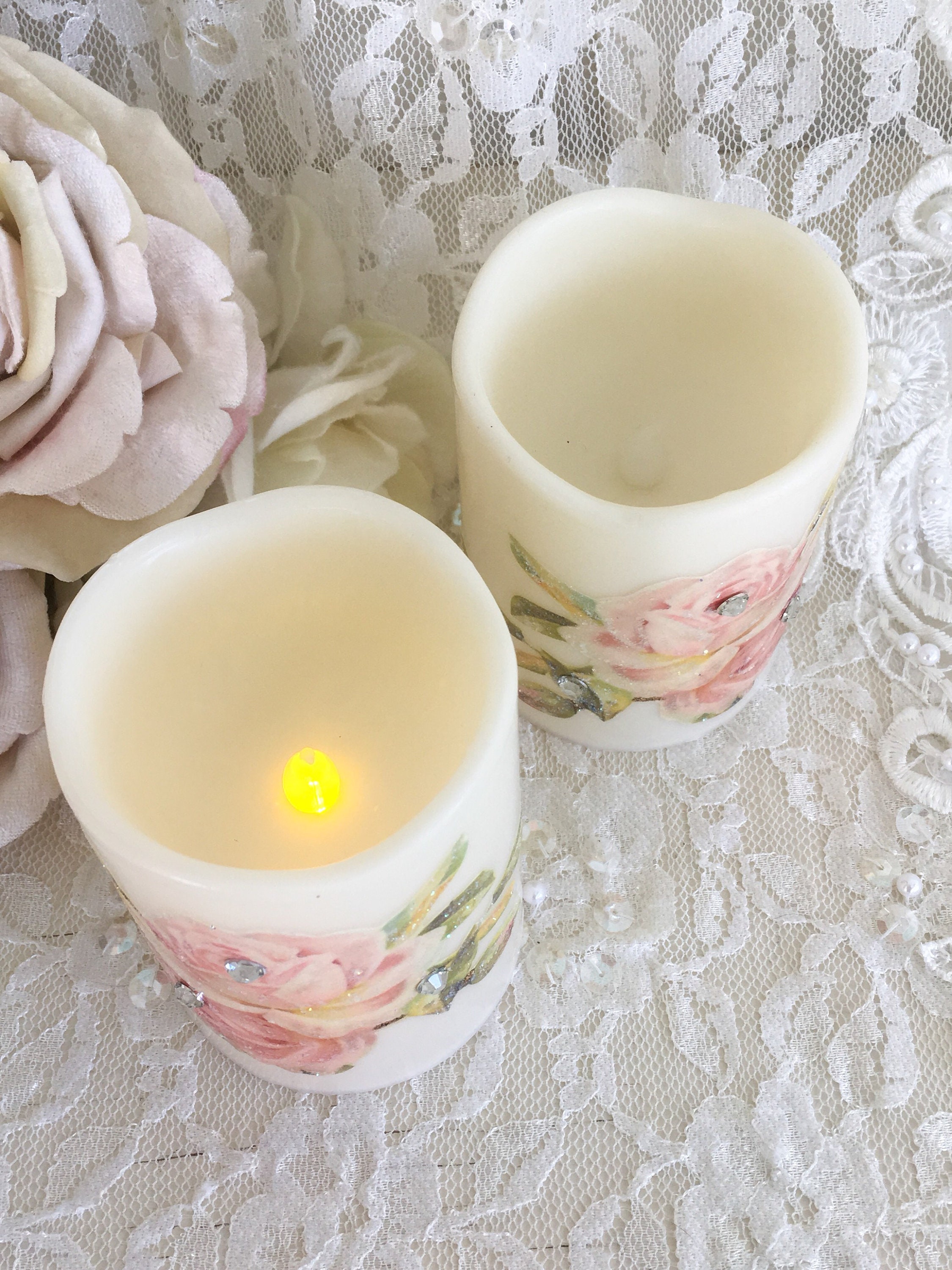 Shabby Pink Floral Flameless Candles Wax LED Candles - Etsy