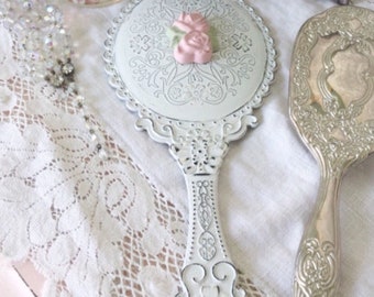 Shabby Chic Handheld Vanity Mirror: Pink Rose Cottage Decor