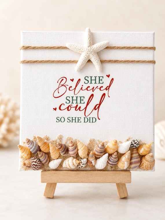 Handmade Coastal Sea Shell Mini Canvas design with Motivational Quote