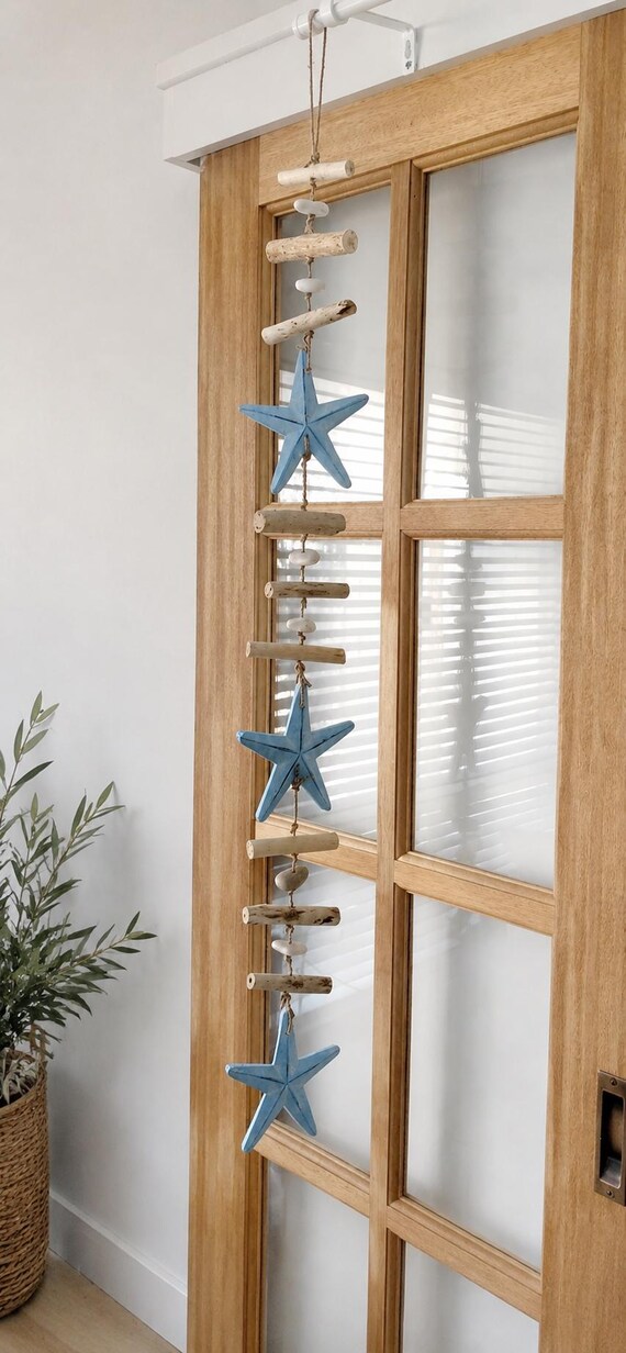 Driftwood & Blue Starfish Wall Hanging, Handmade Beach Decor, Nautical Coastal Wall Art, Ocean Inspired Home Decor, Seaside Gift