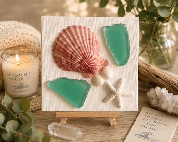 Handmade Mini Canvas Shell Art, Coastal Decor, Seashell Wall Art, Beach House Gift
