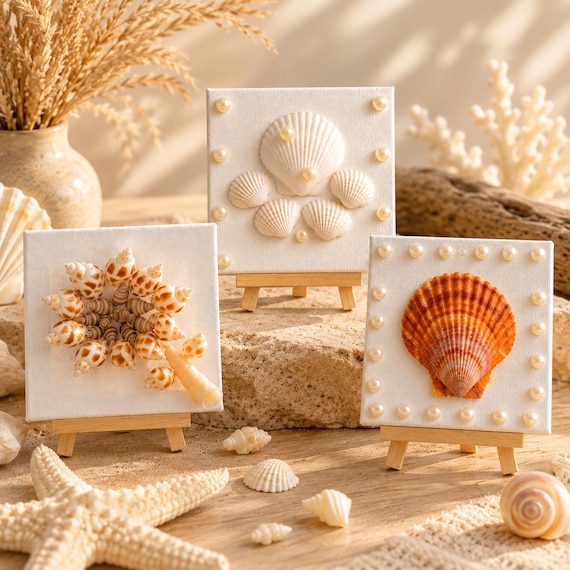 Elegant Mini Shell Canvas Art | Handmade Coastal Decor | Seashell Wall Art | Beach House Gift | Ocean Inspired Mini Artwork, Choose Design